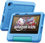 Amazon Fire 7 Kids tablet in blue protective case, front and back views
